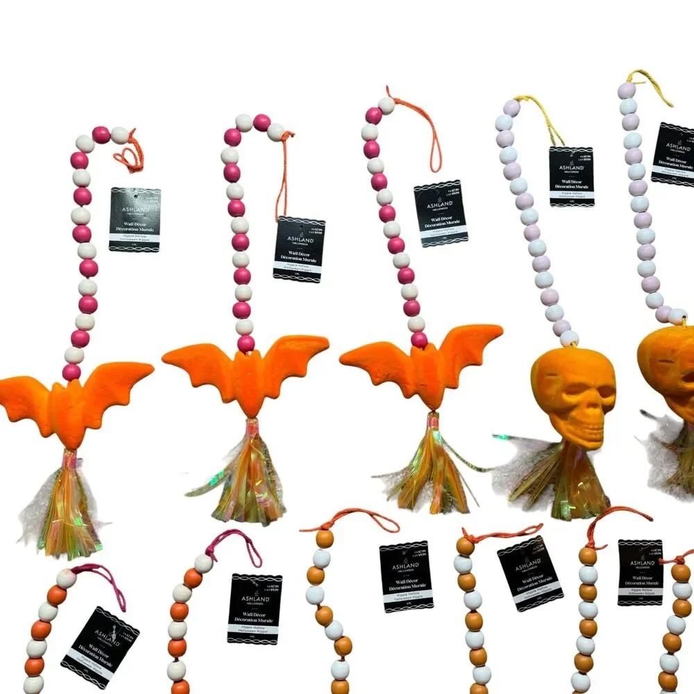 Ashland Halloween Decor Hanging Beads LOT of 17 Skulls Bats Flocked Orange NEW